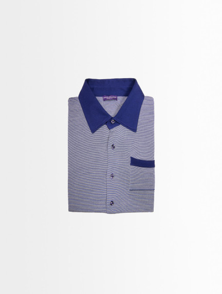 Patrick Hellmann CollectionBlue Shirt With White Horizontal Stripes Short Sleeves image1021